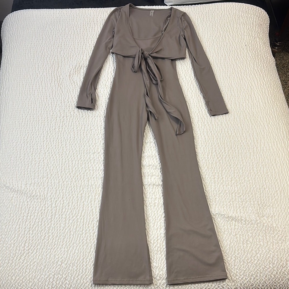 Adjustable jumpsuit romper with matching front-tie jacket
